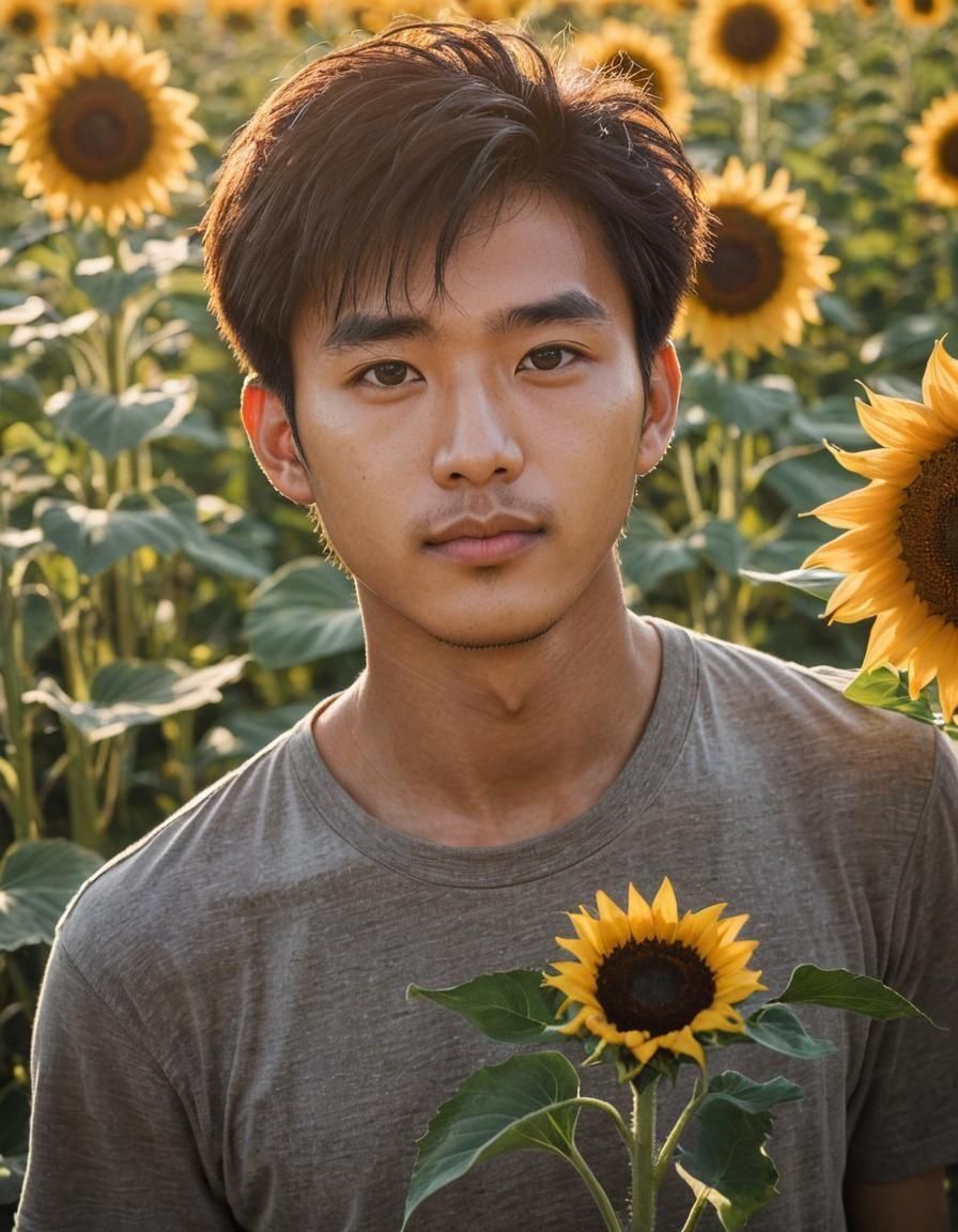 Radiant Portrait of Young Man in Sunflower Field