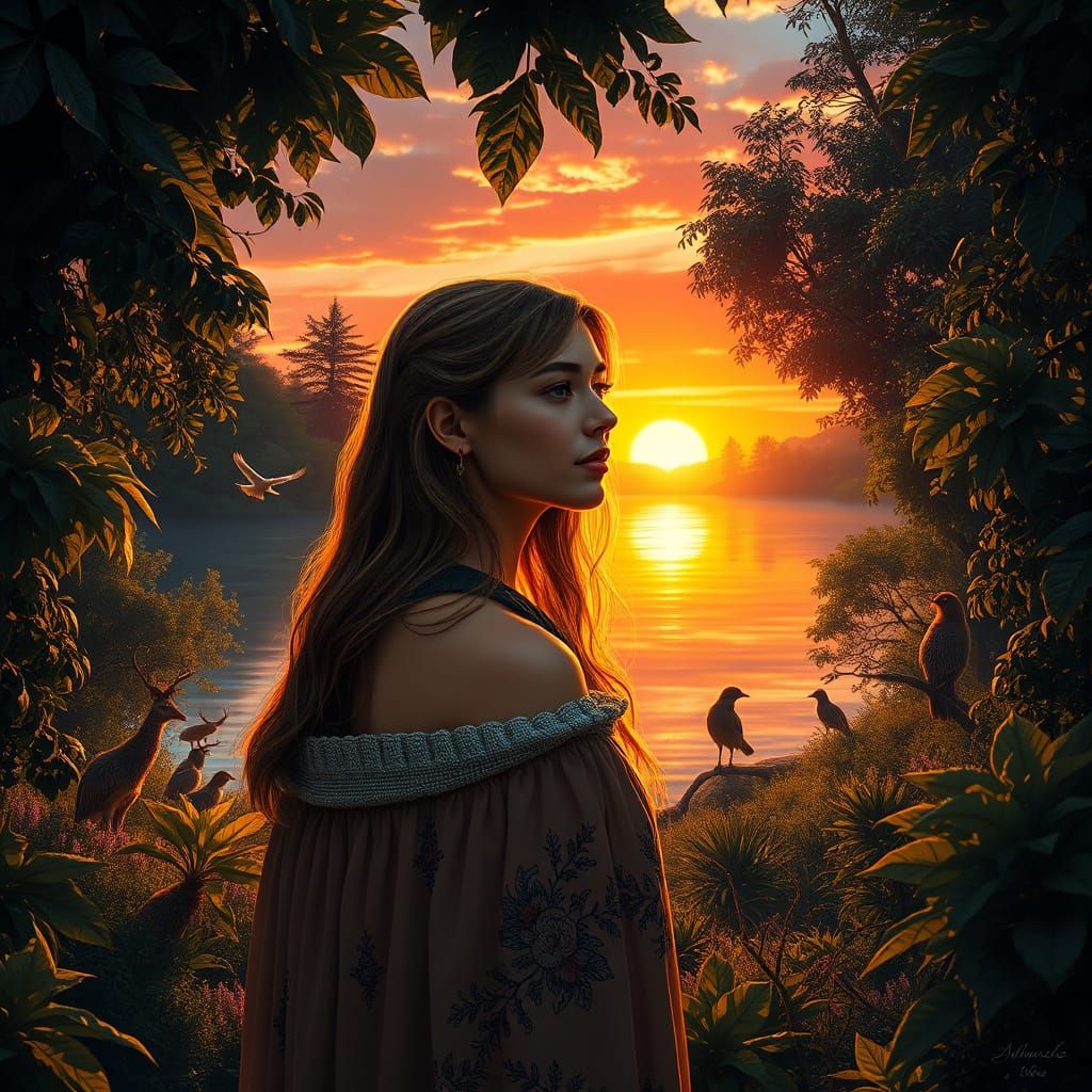 Serene Woman at Dawn in Hyperrealistic Style