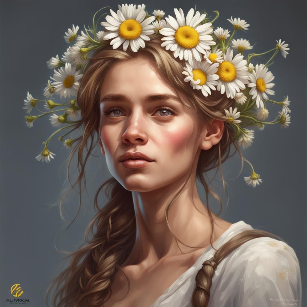 Russian Teen with Chamomile Flowers, Detailed Portrait