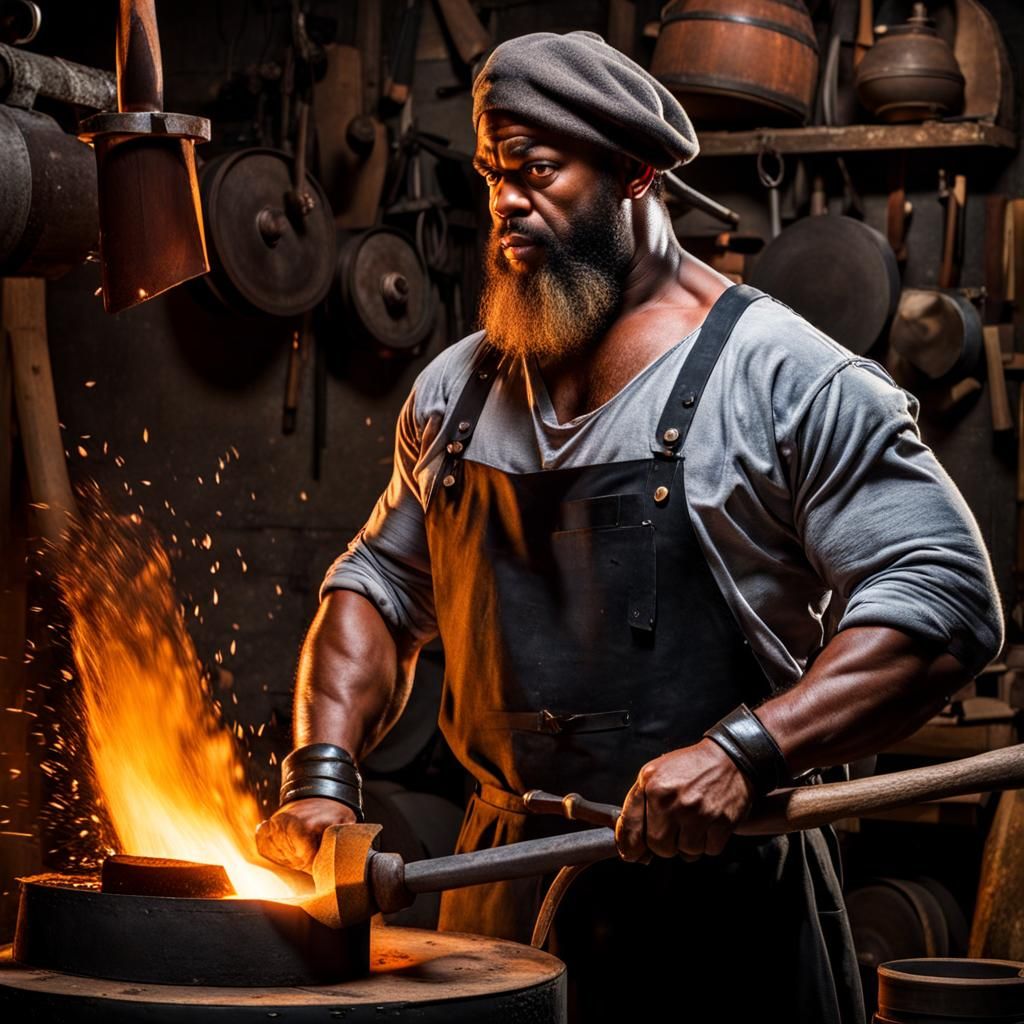 Blacksmith Forging with Hammer in Workshop