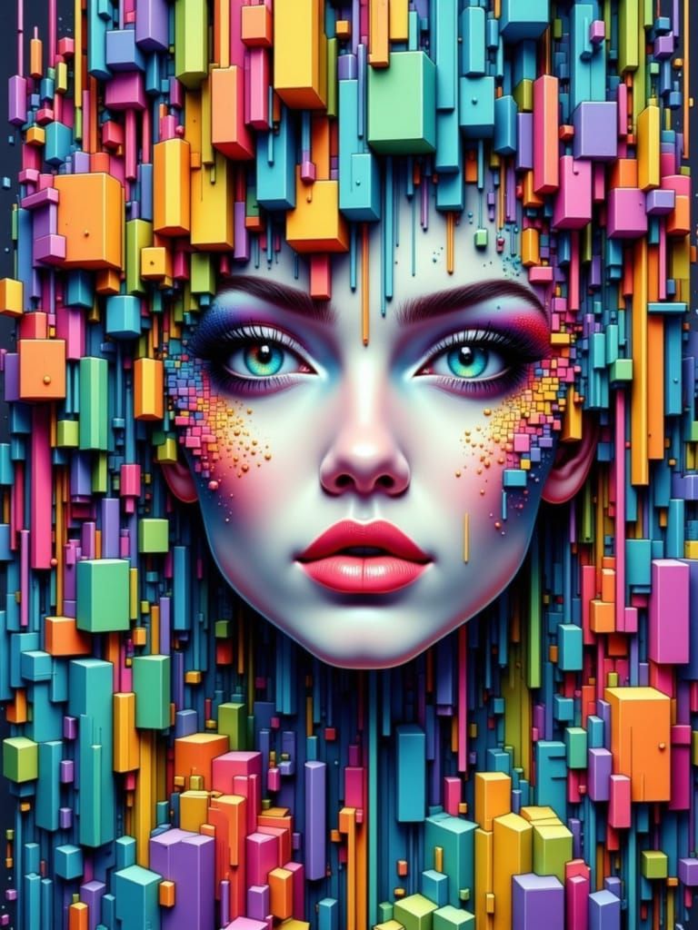 Psychedelic Female Face with Geometric 3D Shading