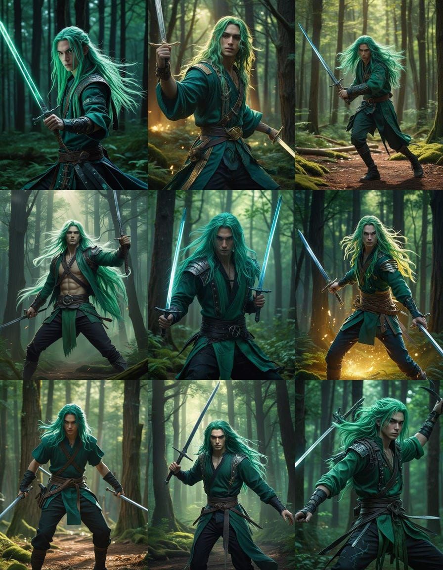 Anime Swordsman Dancing in Forest