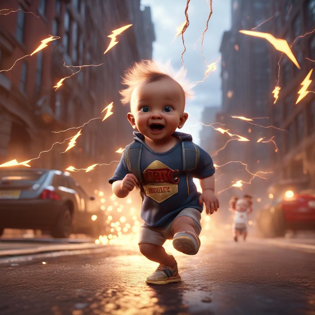 Baby Running in City with Lightning Diaper, 3D Render