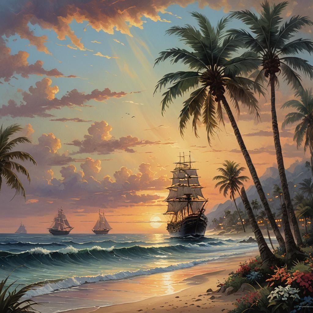 Beach Sunset with Ship in Watercolor Style