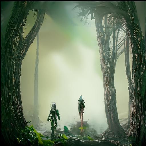 Diesel-Punk Hunter in Foggy Forest, 3D Rendered
