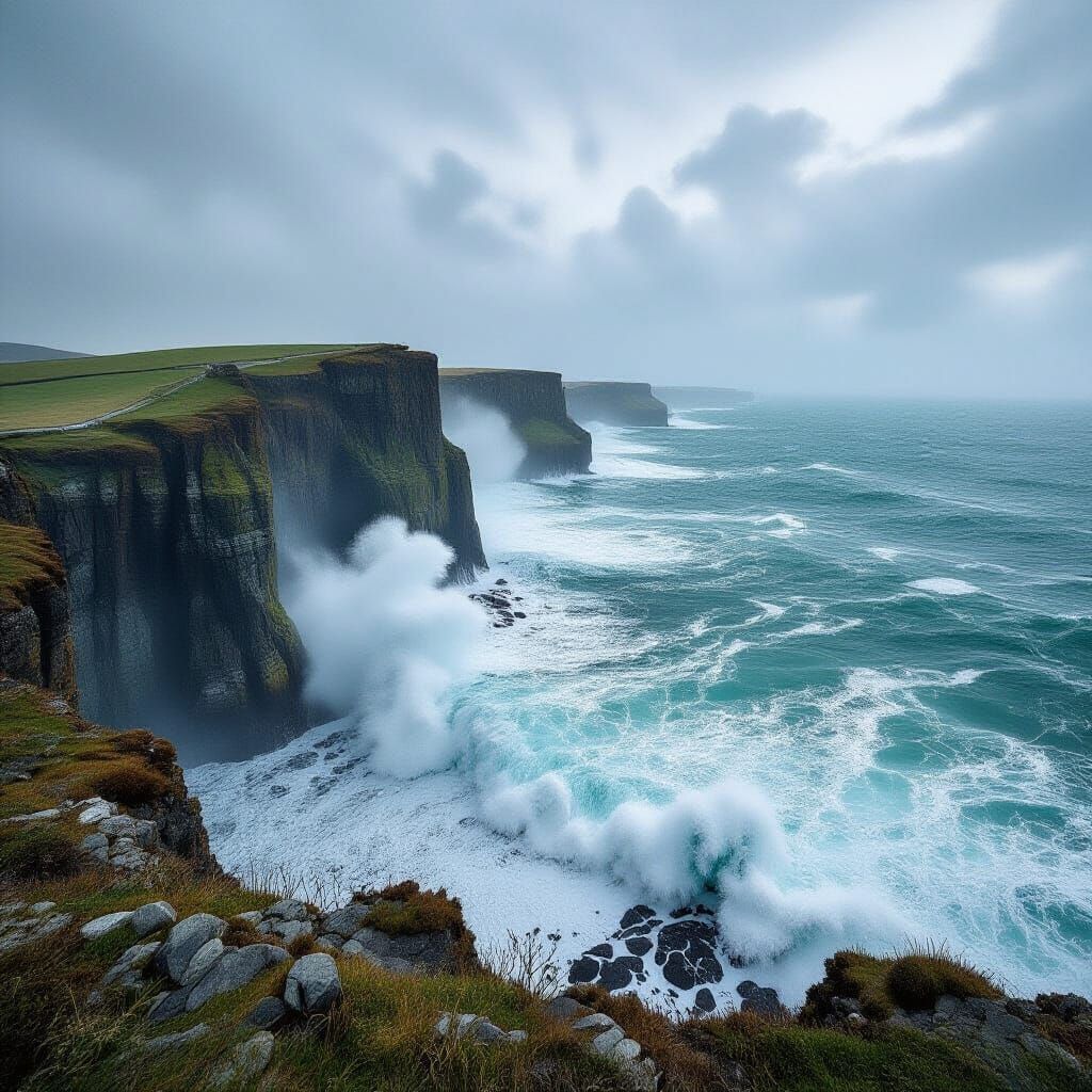 Dramatic Seascape Crashing on Grey Cliffs