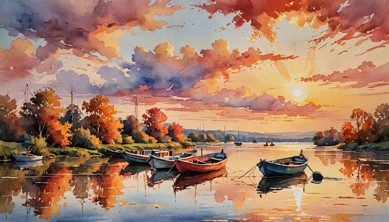 Sunset River Scene in Romantic Impressionism Style