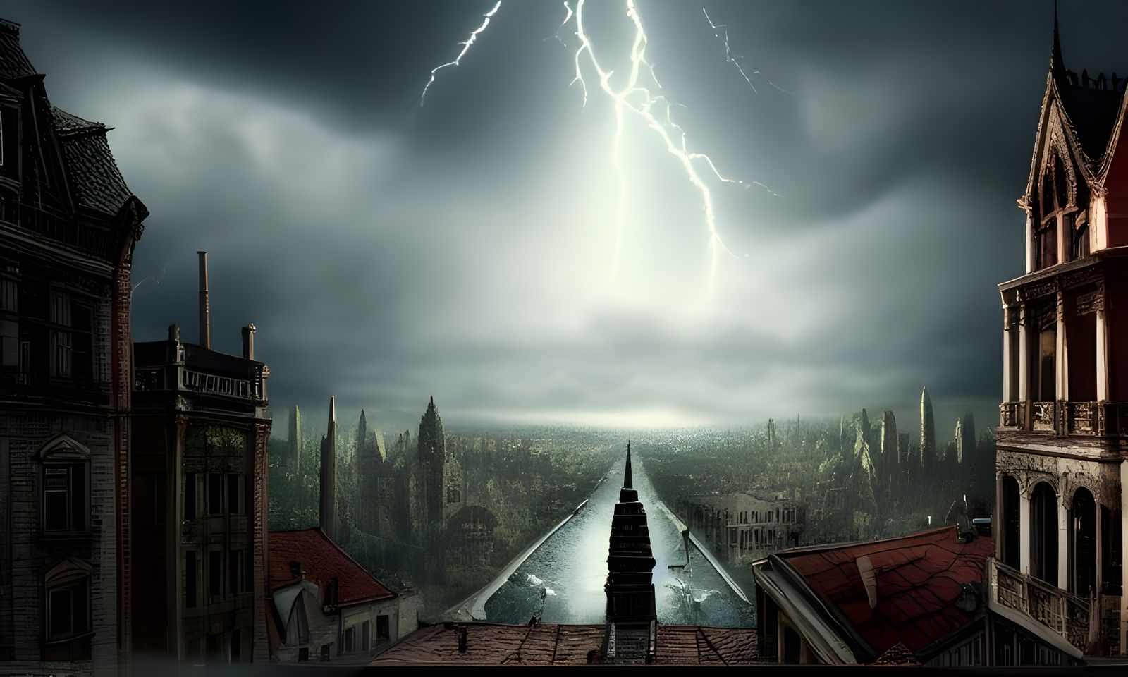 Dracula Cityscape in Thunderstorm: Cinematic Movie Still