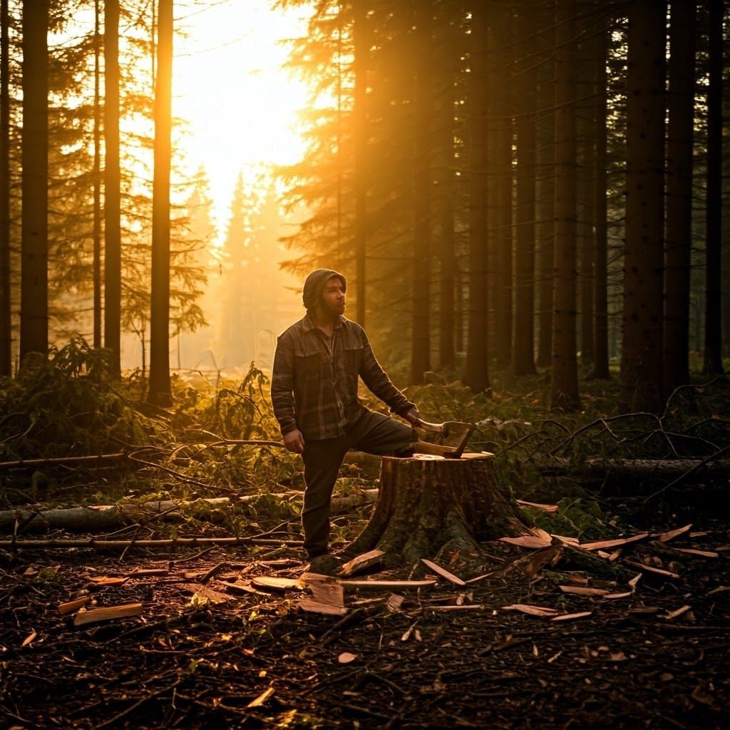 Woodsman and Felled Tree at Sunset