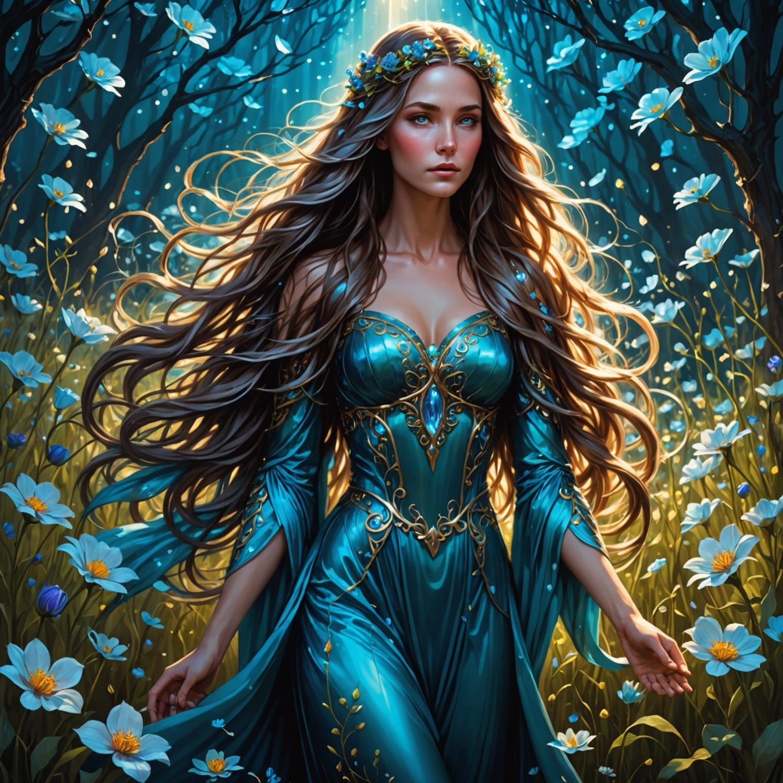 Bioluminescent Goddess in Ethereal Fantasy Landscape