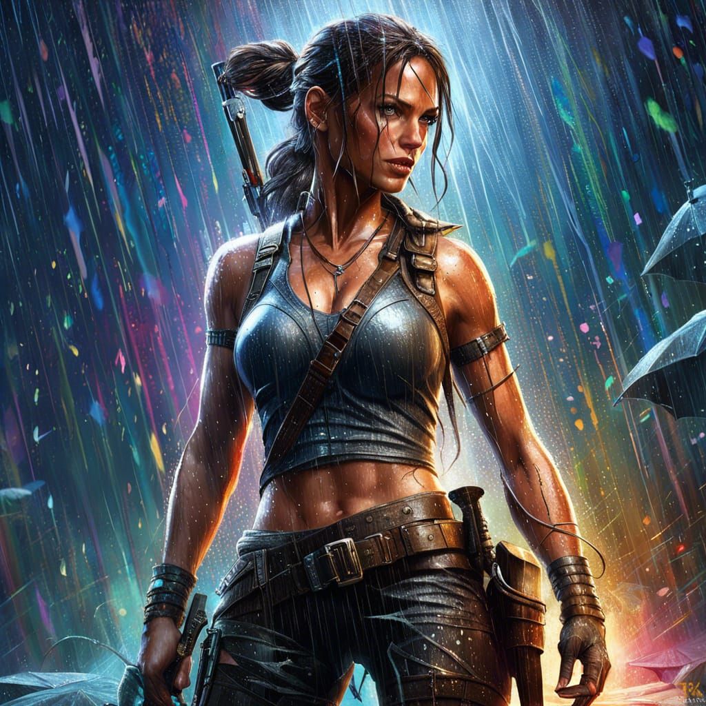 Lara Croft, Tomb Raider in Rainbow Rain, Hyperdetailed Art