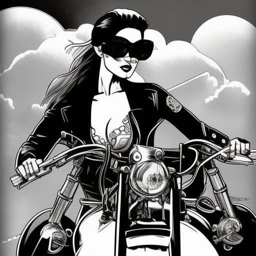 Cowgirl Biker on Chopper in 60s Lowbrow Style