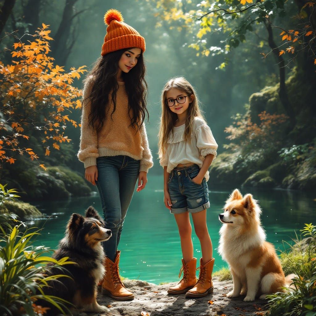 Autumnal Sisters with Dogs in Hyperrealistic Style