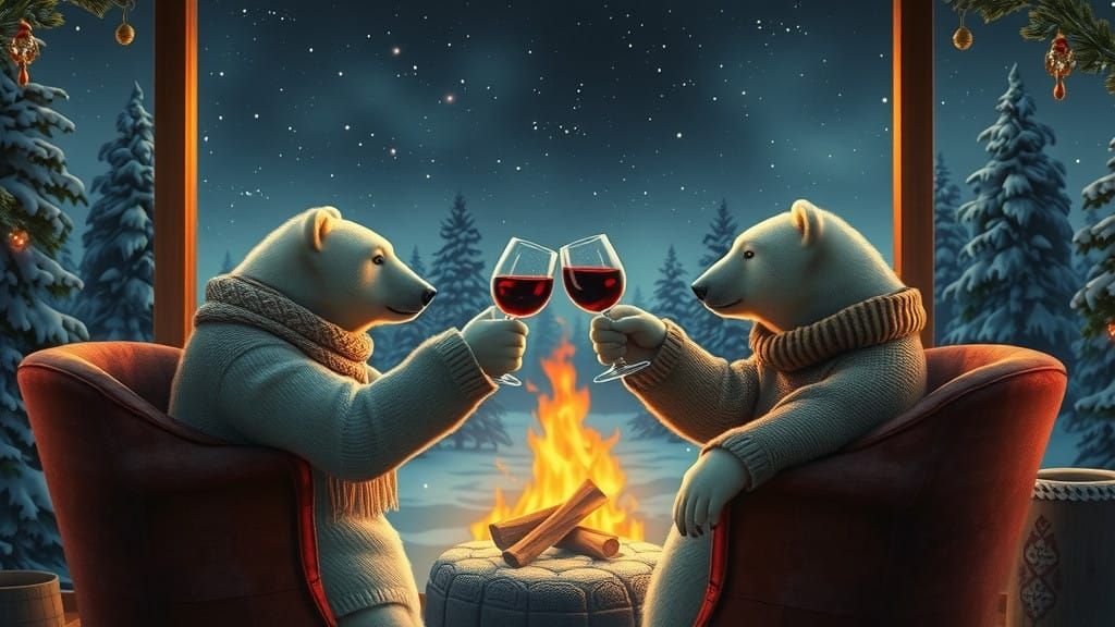 Polar Bears Savor Christmas Toast by Cozy Fireplace