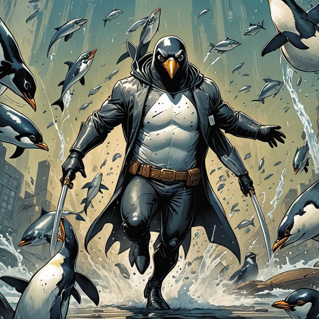 Penguin Superhero with Fish Nunchucks, Comic Book Art