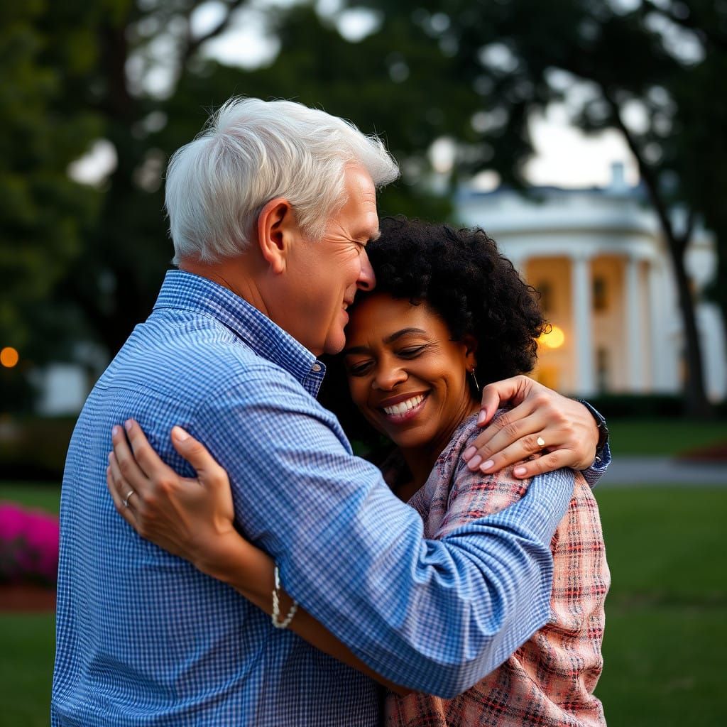 a mixed-race, white and brown, couple sharing a heartfelt hu...