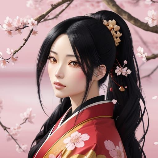 Anime Woman with Cherry Blossom Clip in Red Kimono