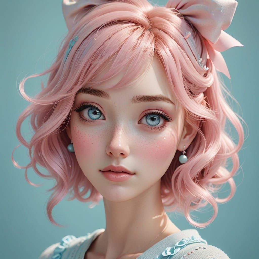 Pixar-Style Coquette with Pastel Pink Bow and Gentle Feature...