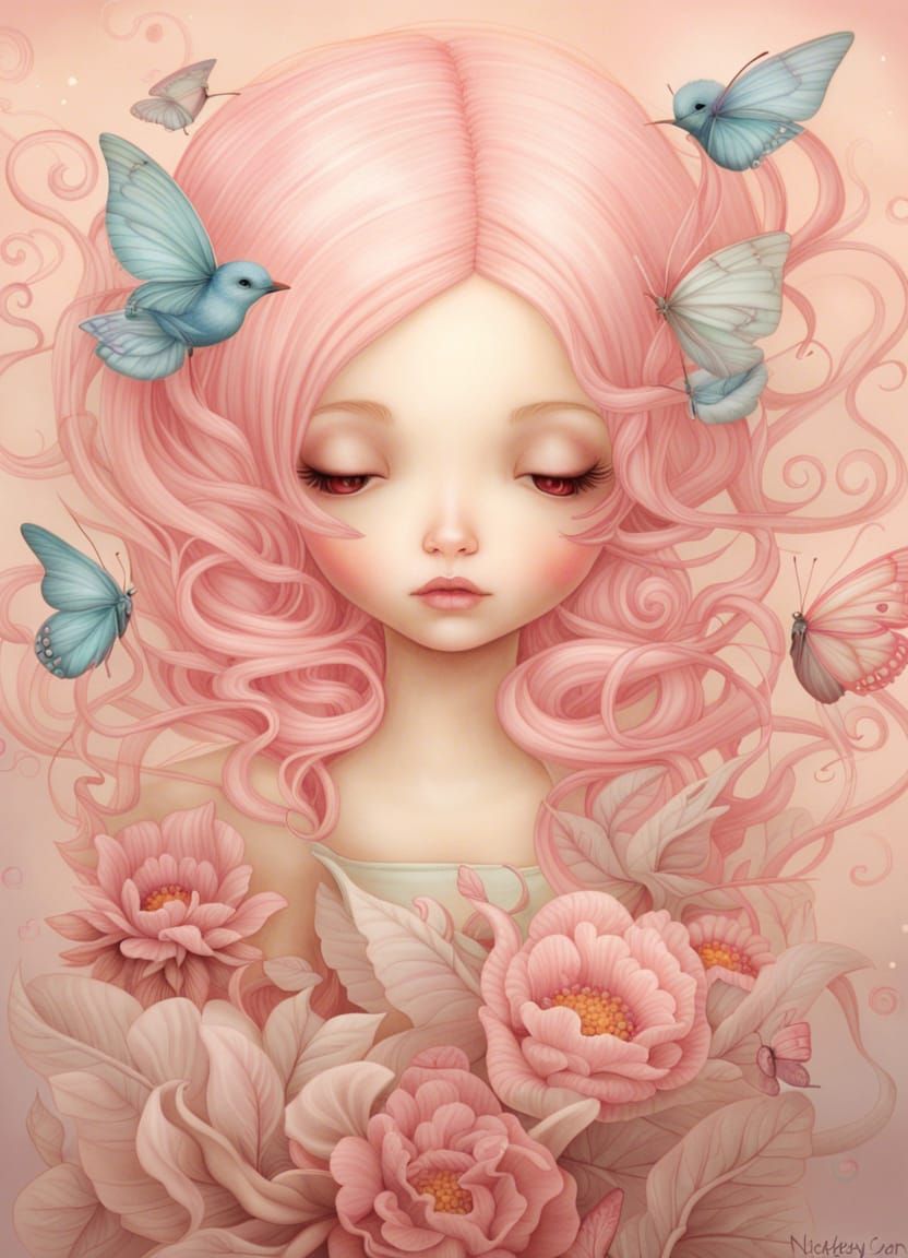 A beautiful spring flower fairy, floating hair, high detail, pink flowers, butterflies and a bird, in the style of mixed...