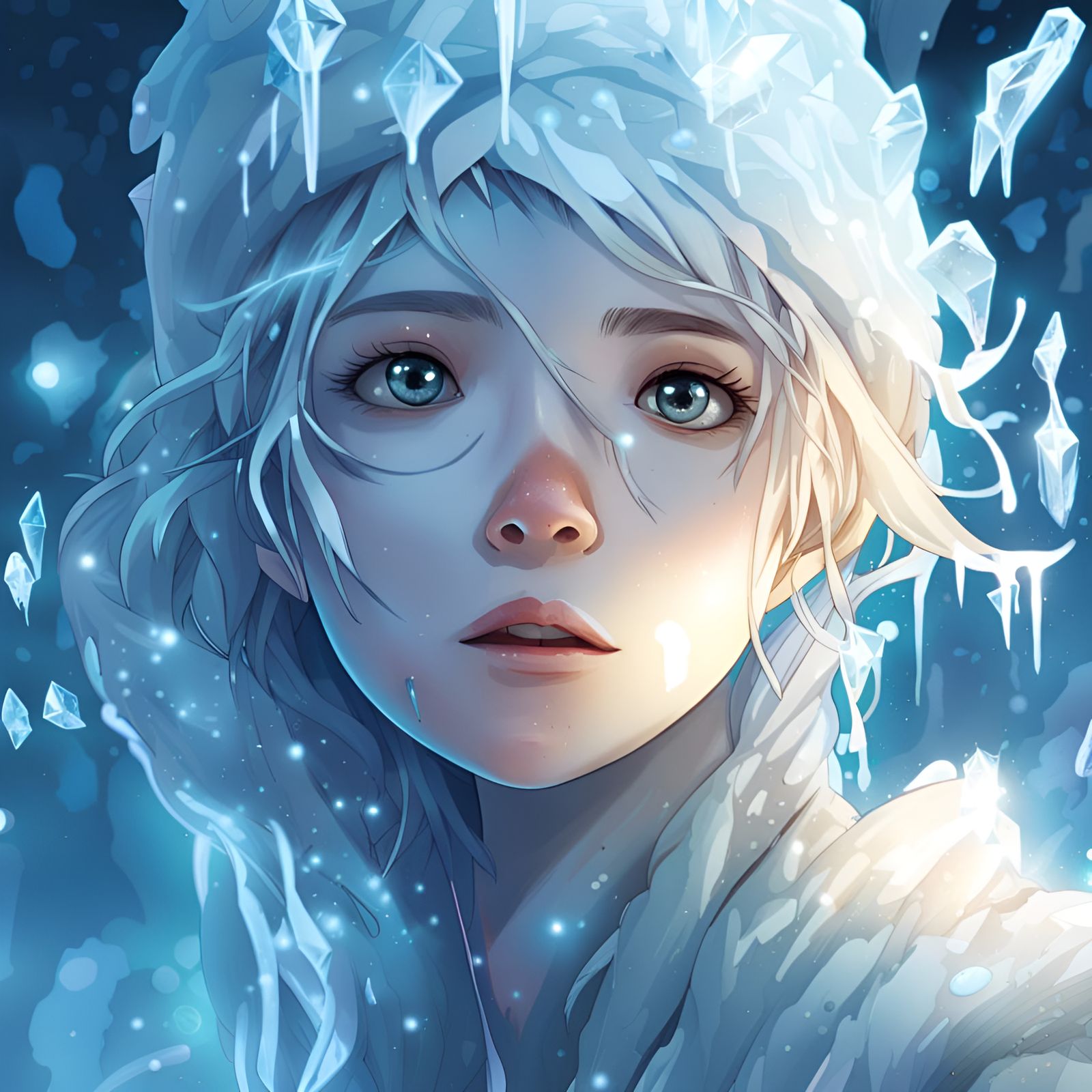 Icy Girl in Manhwa Style with Glowing Lighting