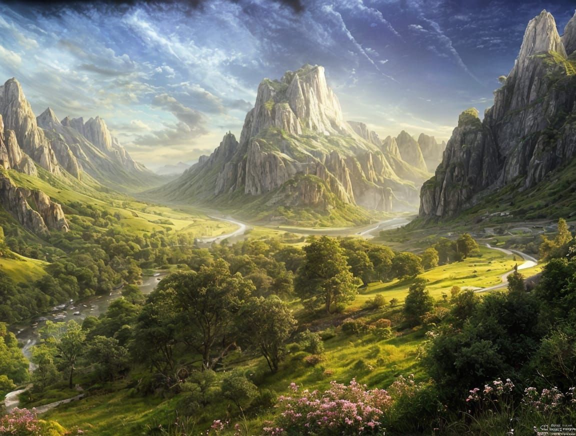 Ethereal Light Dances through Valinor's Majestic Mountains i...