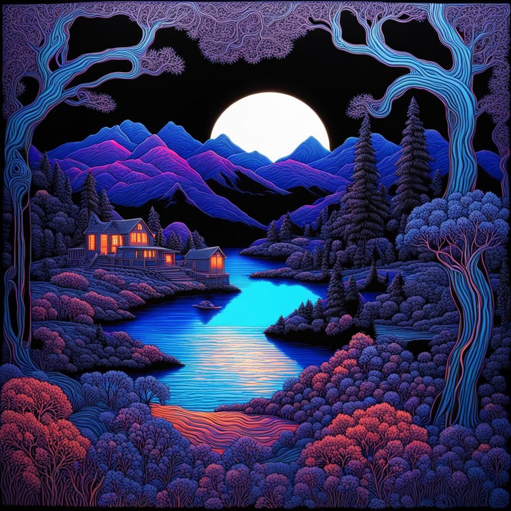 Intricate Landscape in Black Light Art