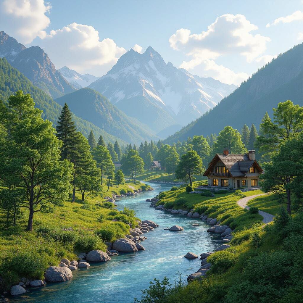 Mountain Landscape with River and House in 3D Style
