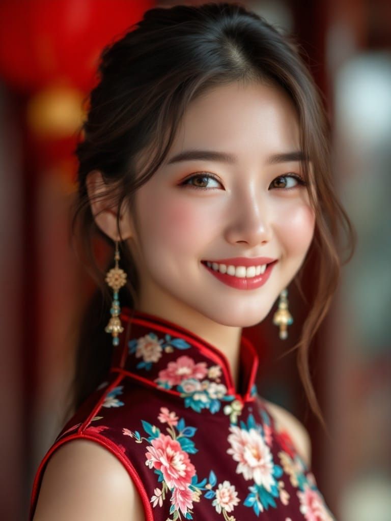 Girl in Cheongsam with Beaming Smile
