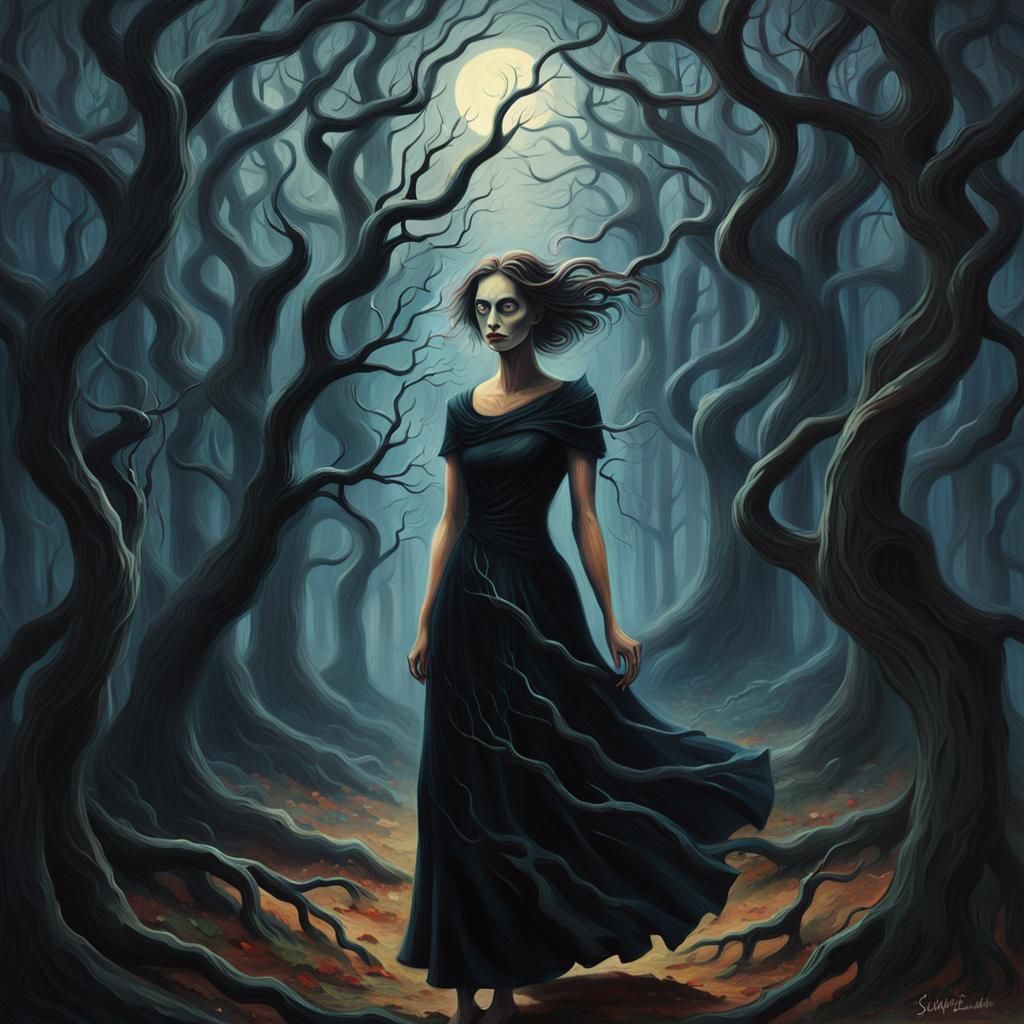 Mysterious Woman in Forest: Expressionist Dark Surrealism