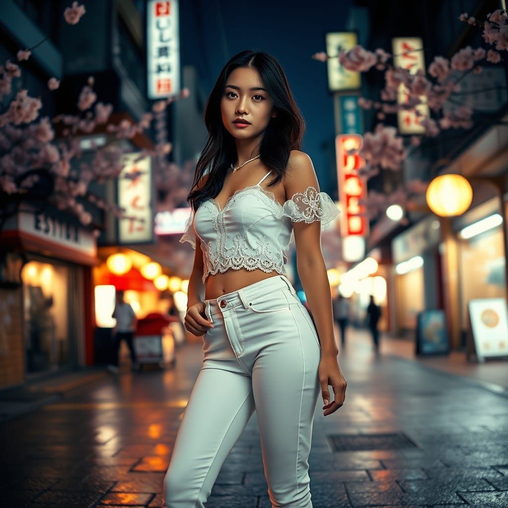 Woman Poses in Neon Tokyo Street Night Scene
