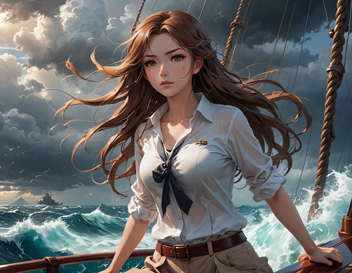 Anime Girl Battles Stormy Seas in Vibrant 3D Art