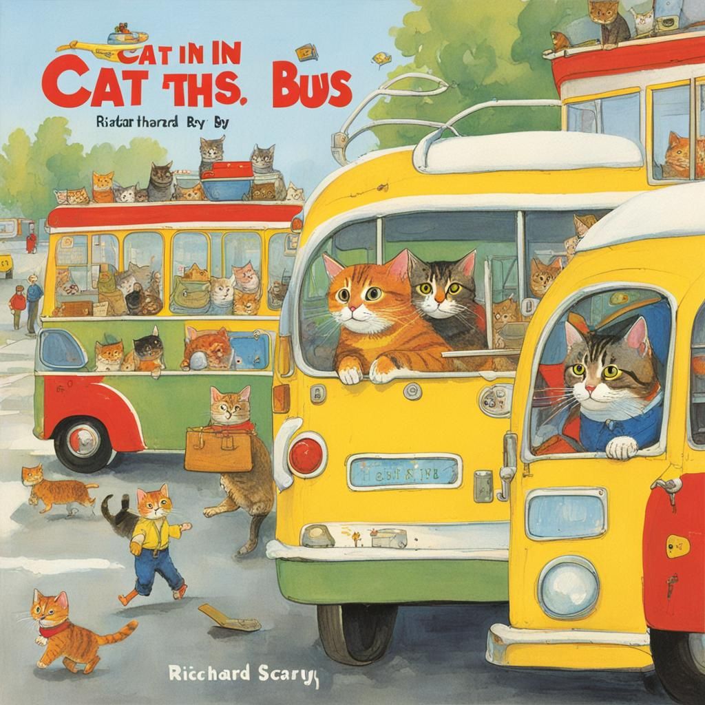 Cat Driving a Bus in Children's Book Style