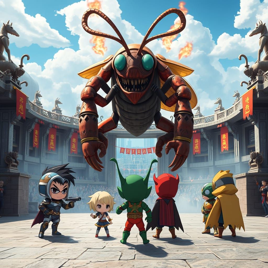 Chibi Superheroes Stand Against Pyrokinetic Cockroach in Fut...