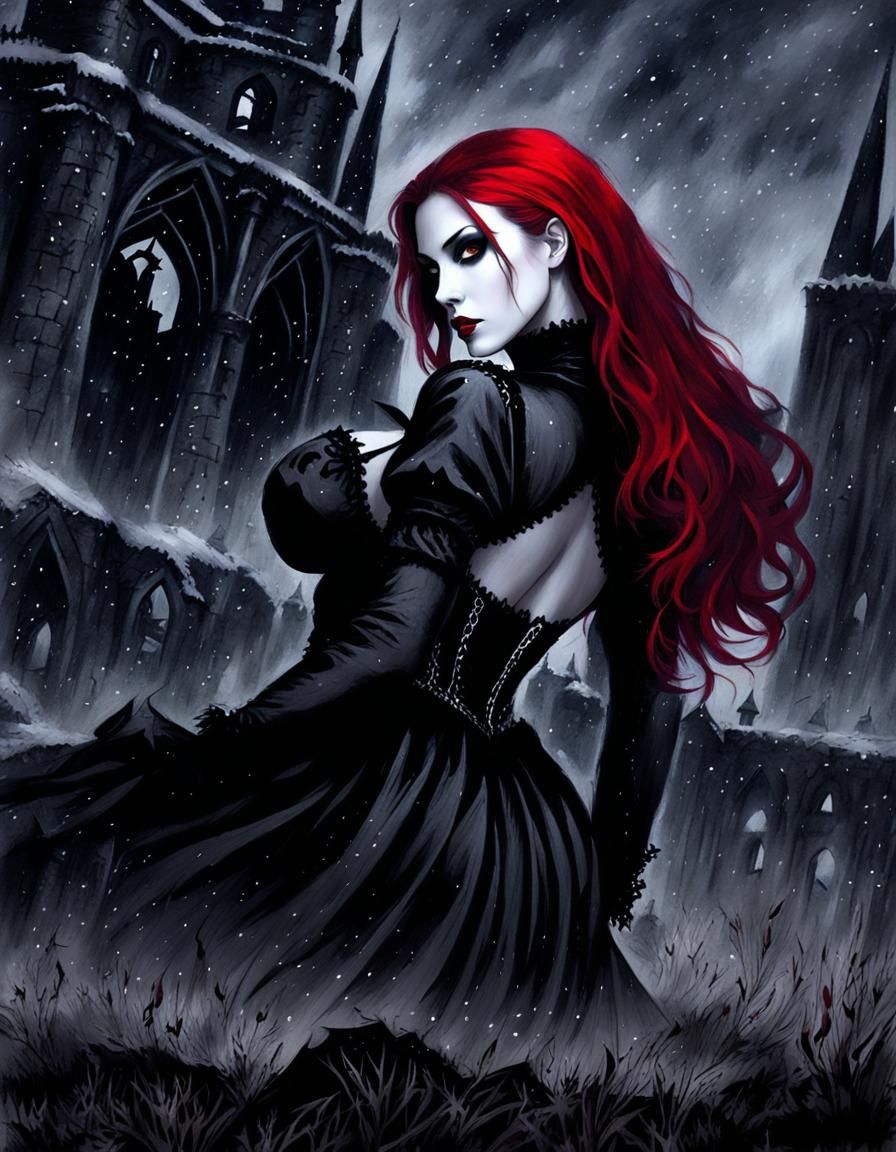 Gothic Vampire Kneeling in Snowy Castle Ruins