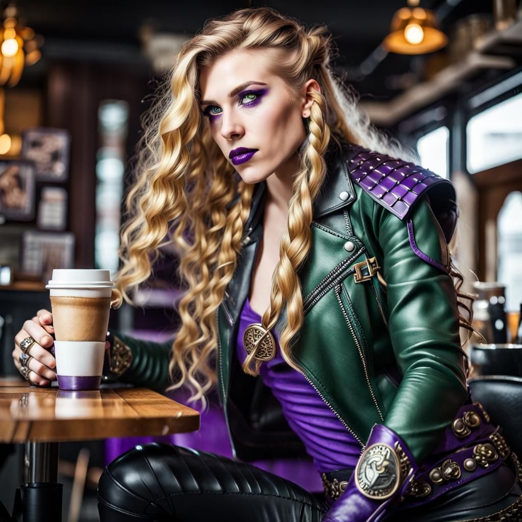 Valkyrie with Viking Features in Cafe