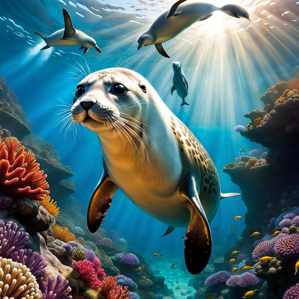 Playful Seals Photobomb Diver in Comic Book Art