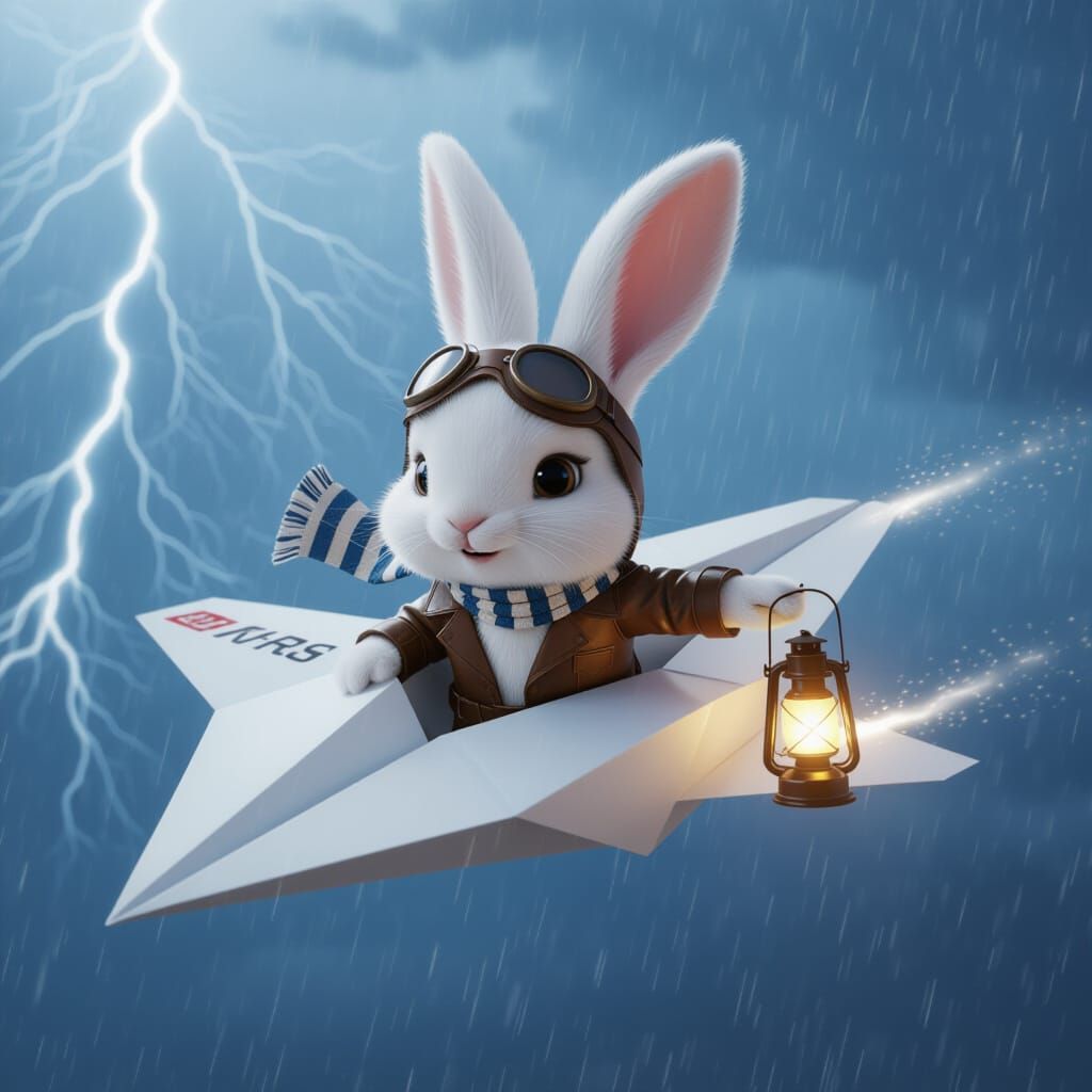 Bunny Pilot in Paper Plane Soaring Stormy Sky