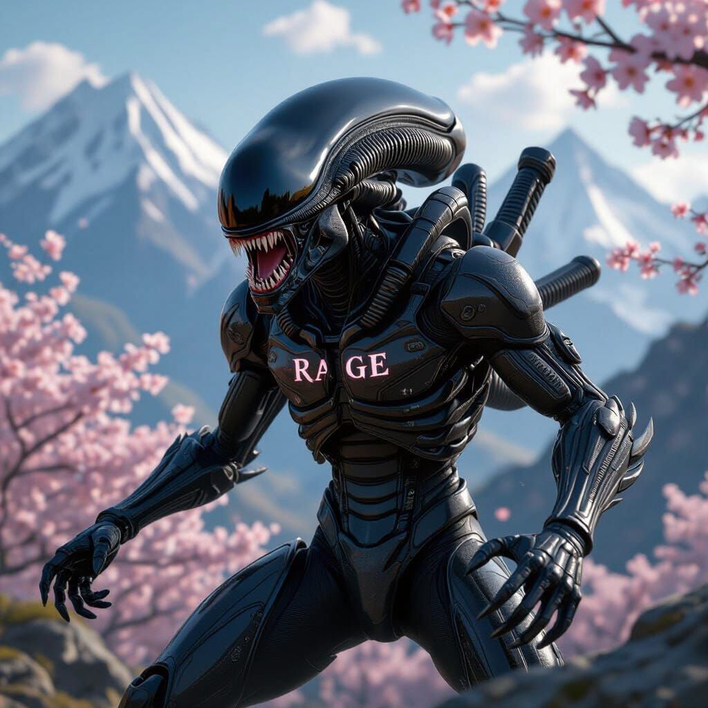 Xenomorph in Battle Pose with Sakura Blossoms and Mountains