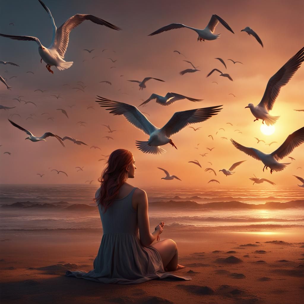 Woman Remembers Beach Day as Matte Painting