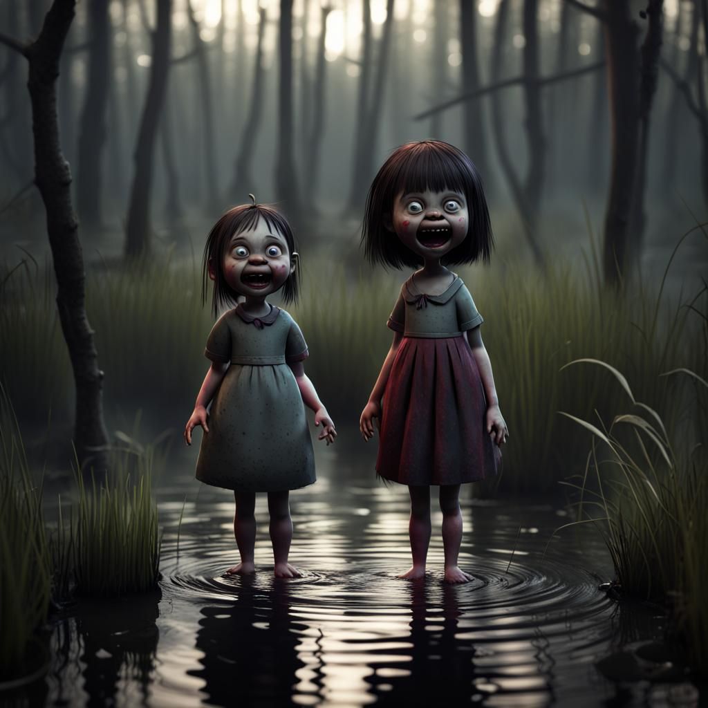 Creepy Vampire Girl Doll in Ominous Swamp: 3D Digital Art