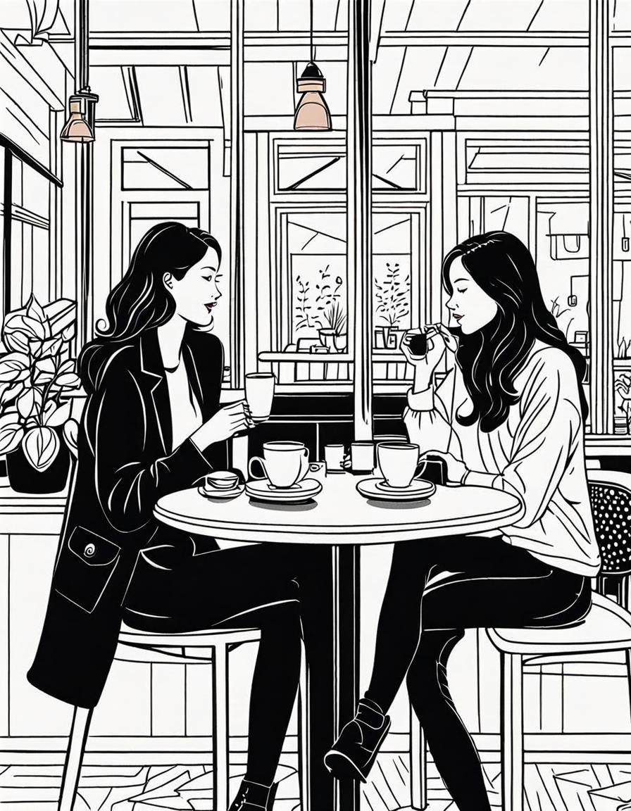 Coffee Shop Date in Modern Ink Line Art