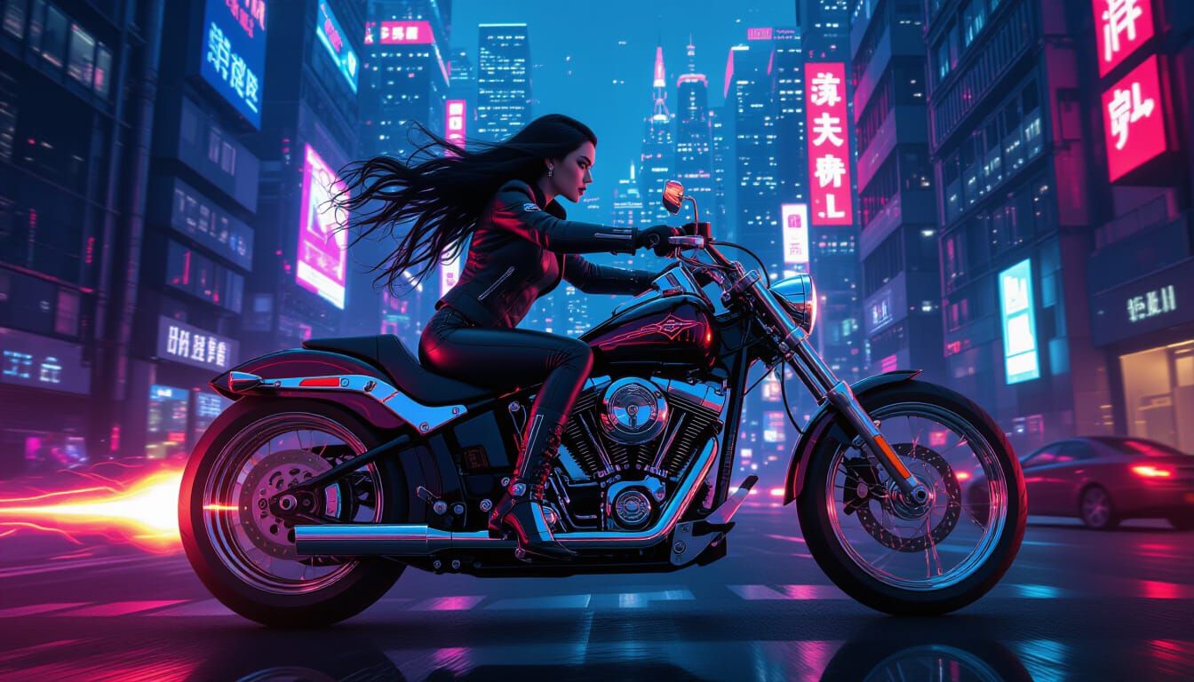 Cyberpunk Rider Speeds Through Neon City