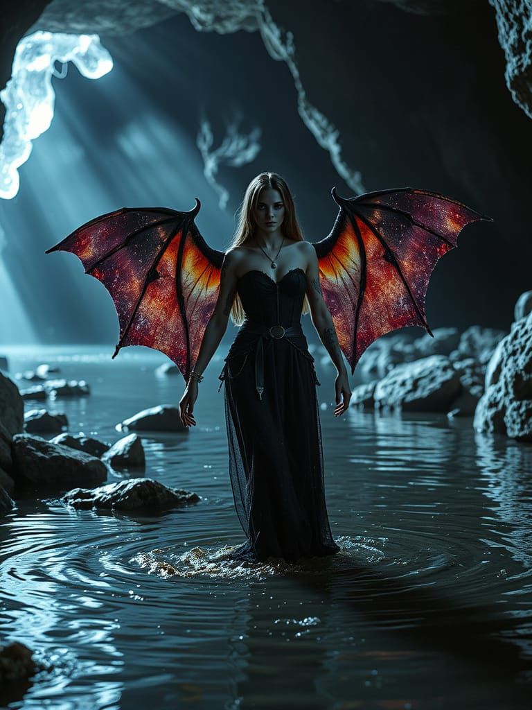 beautiful scandalously dressed tattooed medieval gothic ladies, a tall thin humanoid with arms like bat wings, the wings...