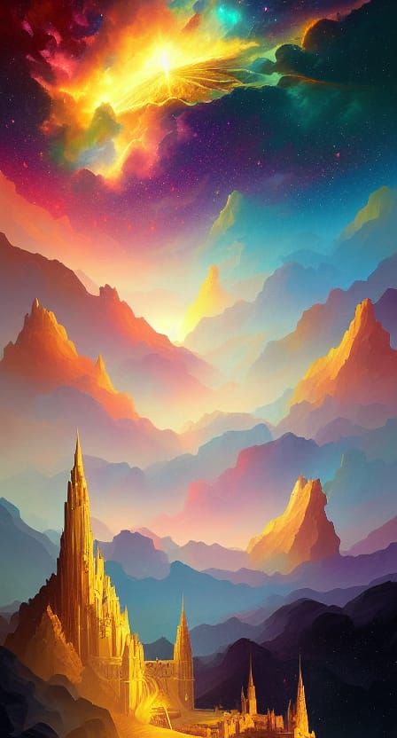 Fantasy Castles on Mountain Range with Nebula Sky
