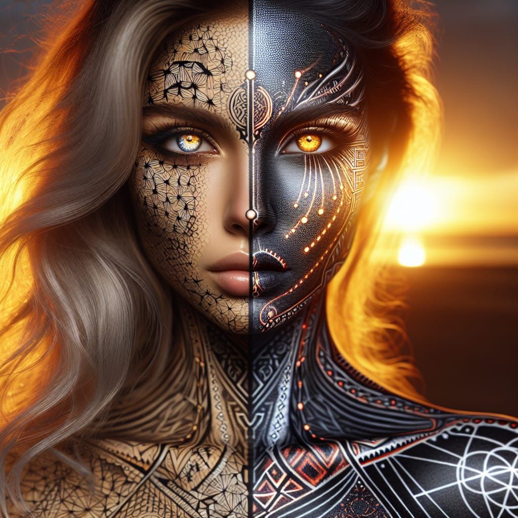 Hyperrealistic Portrait of Woman with Sacred Geometry and Ru...