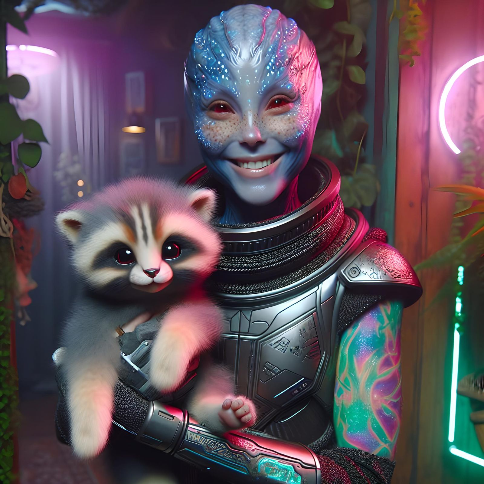 Happy Alien with Cosmic Pet in Cyberpunk Style