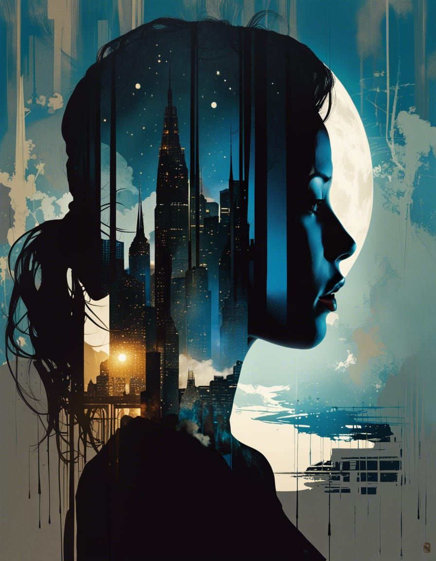 Silhouette Portrait with Double Exposure and Moonlight