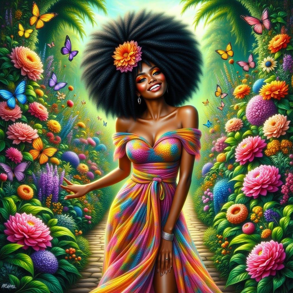 Airbrushed Black Goddess in Floral Dress
