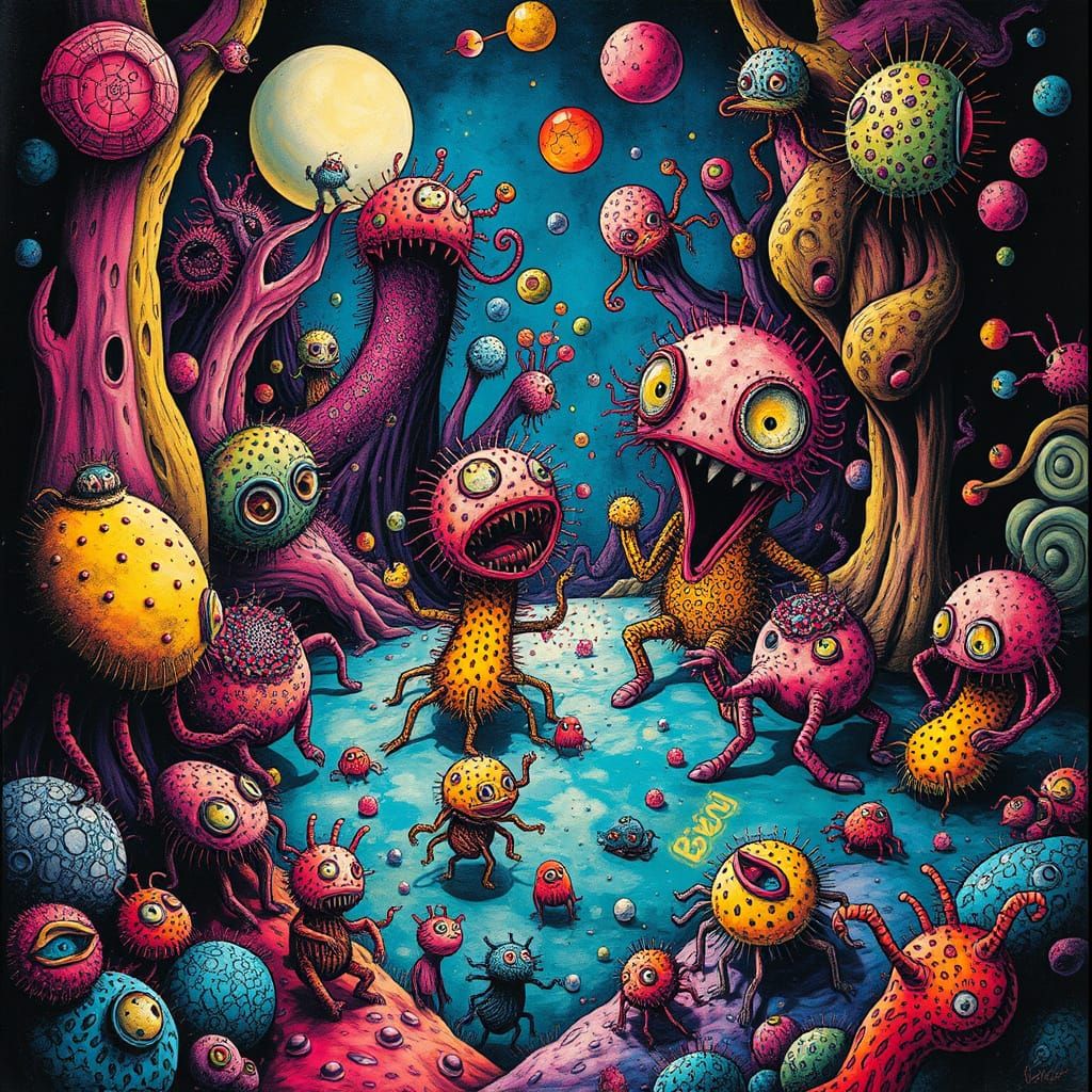 Whimsical Microbes in Surreal Alien Landscape