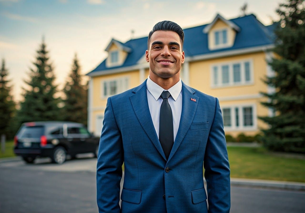 Confident Patriotic Father Stands Outside His Yellow House